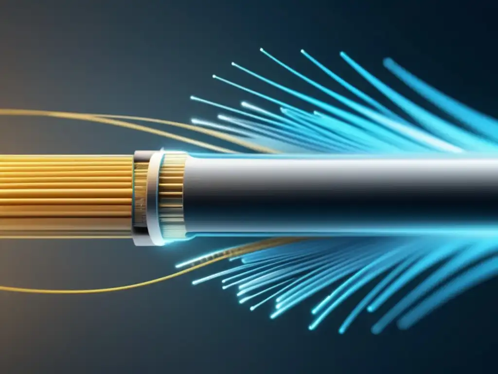 Impacto de la fibra óptica: Tecnología futurista, detalle de cable, core, recubrimiento y capa protectora