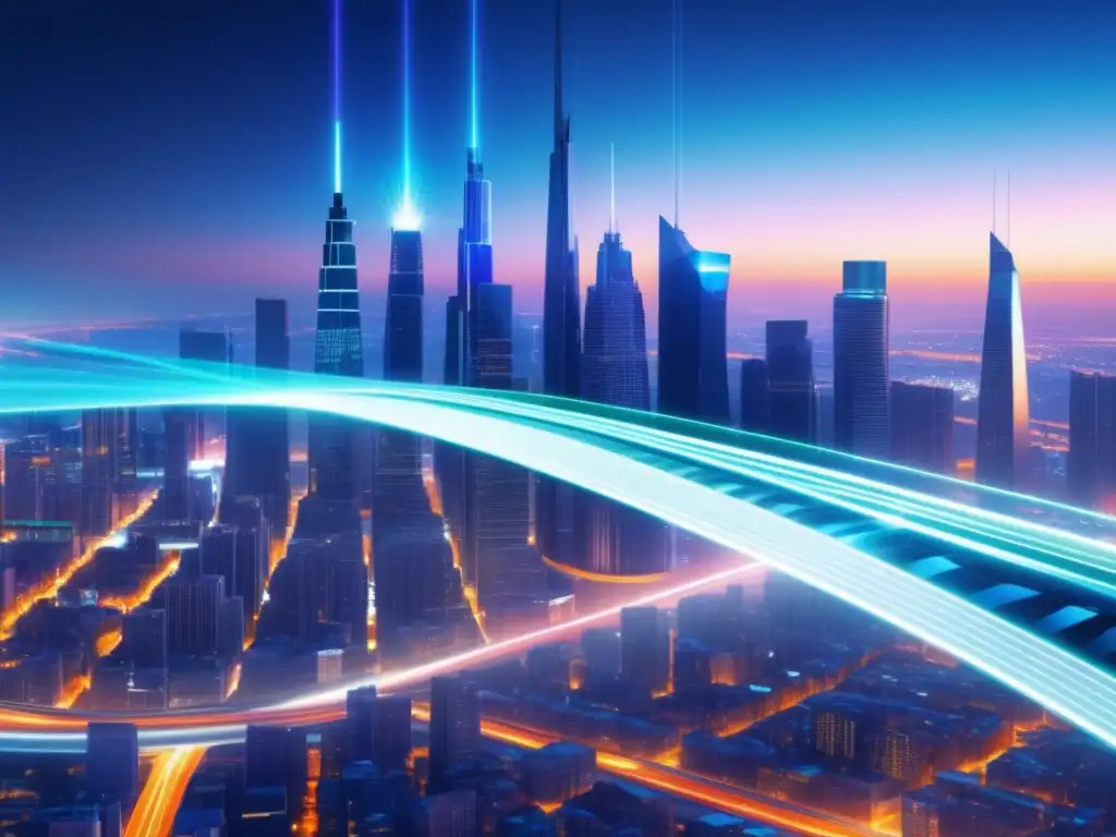 Ventajas de la fibra óptica en redes: ciudad futurista iluminada por cables de fibra óptica