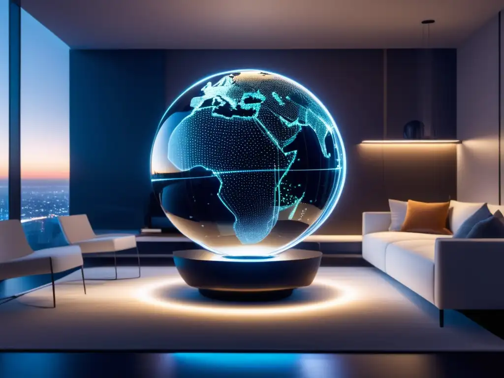 Beneficios de la fibra óptica en la comunicación global, sala minimalista con escultura globo y cables luminosos