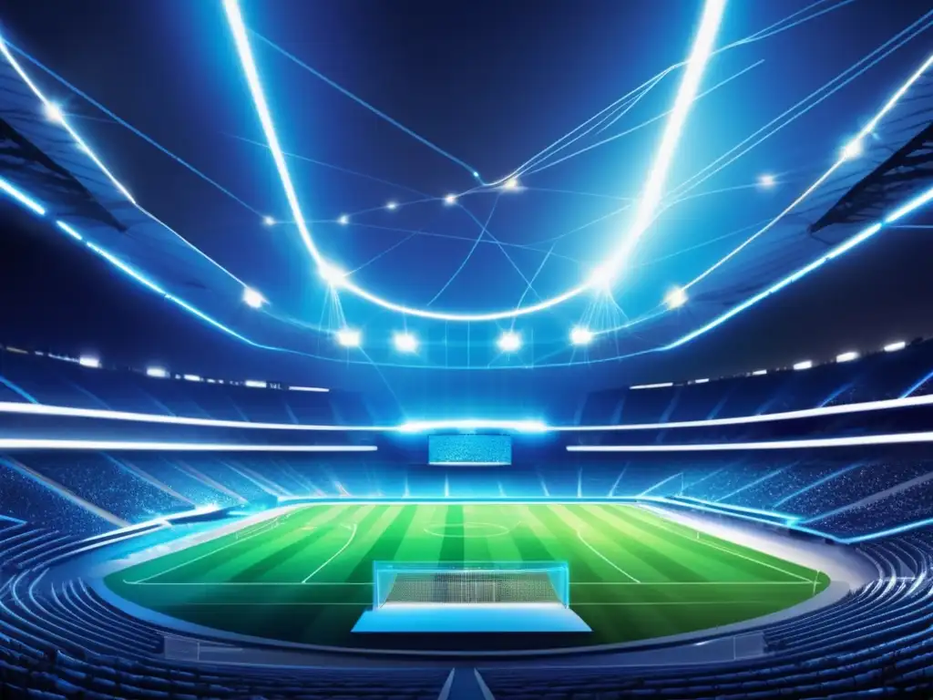 Beneficios de la fibra óptica en el deporte: estadio moderno iluminado por cables ópticos, transmitiendo datos a alta velocidad