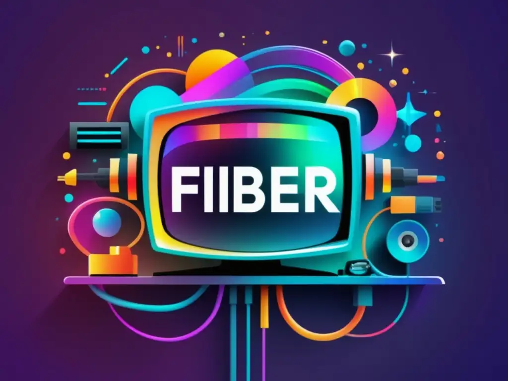 Avances de la tecnología de fibra óptica en entretenimiento Ventajas fibra óptica en entretenimiento: imagen moderna y minimalista con cable óptico, colores vibrantes y iconos relacionados