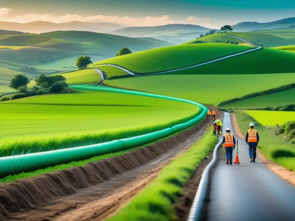 Despliegue de fibra óptica en áreas rurales: paisaje rural con técnicos instalando cables de fibra óptica