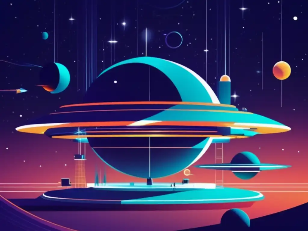 Ilustración futurista de estación espacial con desafíos de fibra óptica en el espacio