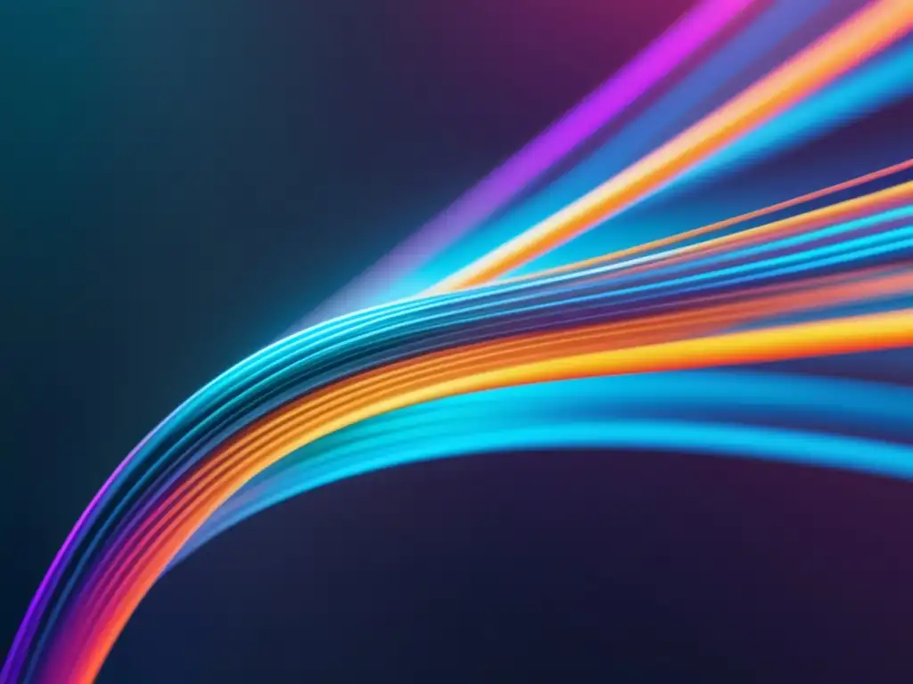 Avances clave en fibra óptica: cable futurista en fondo metálico, con colores vibrantes que representan la transmisión de datos