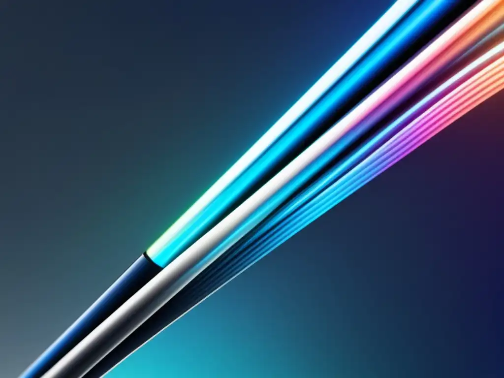 Innovaciones recientes en fibra óptica: cable futurista con fibras de vidrio transparentes y luces multicolores