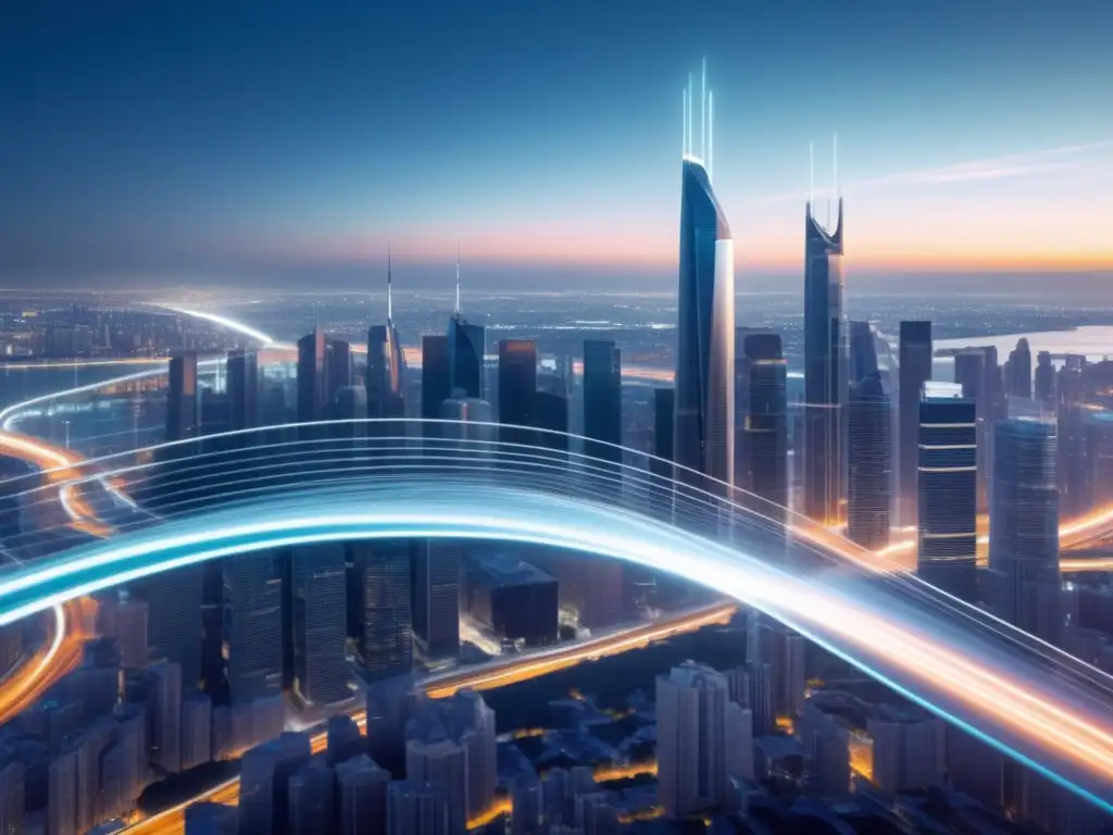 Fibra óptica curvada en ciudad futurista 'Fibra óptica en ciudad futurista: limitaciones físicas