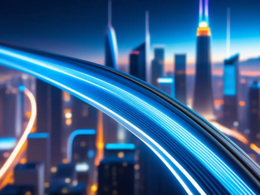 Ventajas de la fibra óptica en IoT: Futurista imagen de cable de fibra óptica azul, curvándose entre rascacielos iluminados