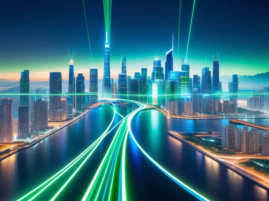 Ventajas de la fibra óptica en una ciudad futurista con cables luminosos