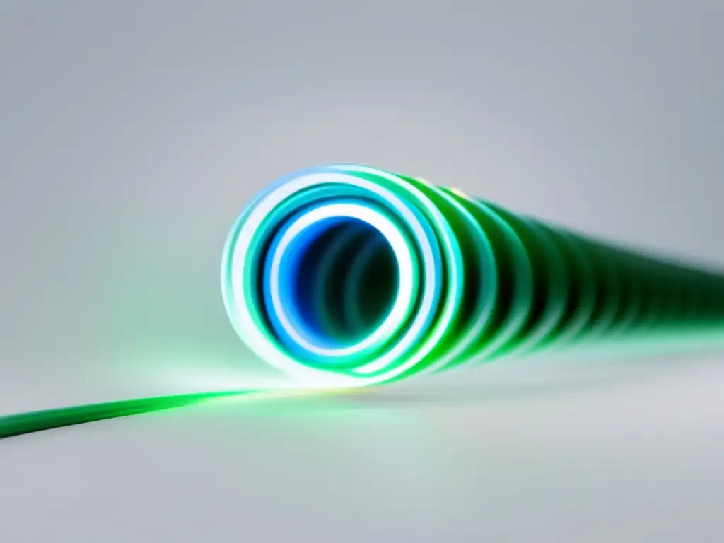 Tratamiento hormonal con fibra óptica - Imagen de cable de fibra óptica con luz pulsante en azul y verde, representando tecnología innovadora