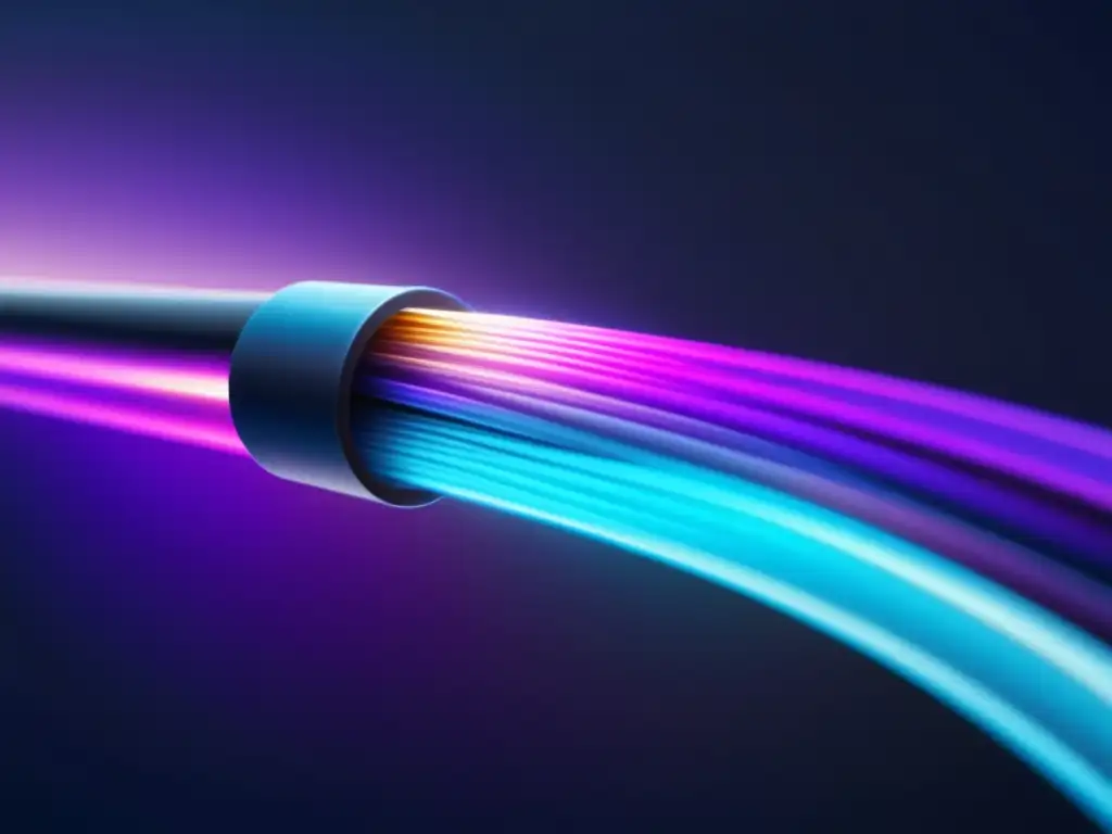 Seguridad datos fibra óptica: Cable fibra óptica moderno, con colores vibrantes y pulsos de luz viajando, en fondo negro