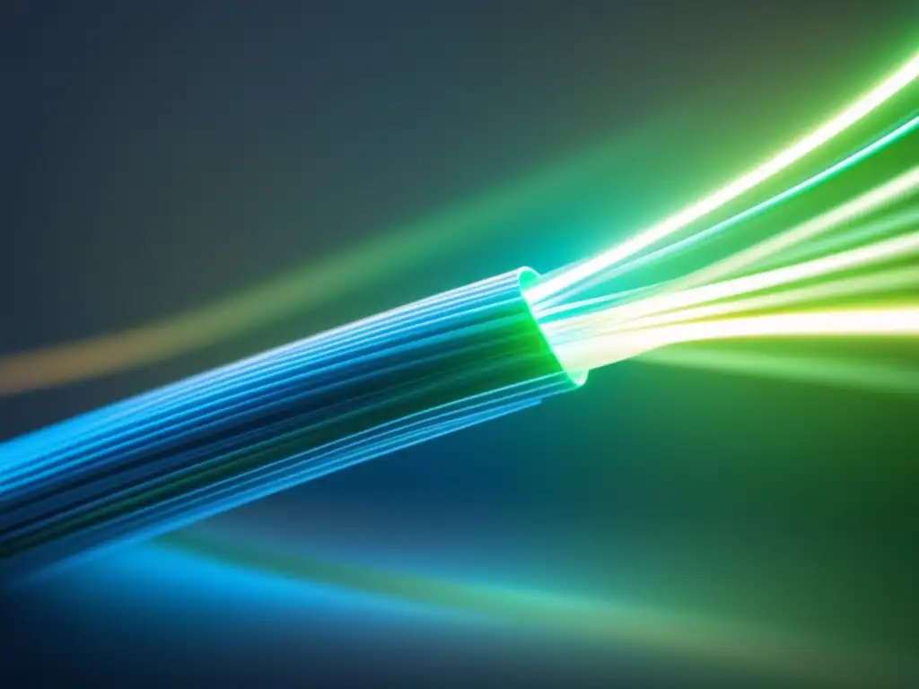 Ventajas de la fibra óptica: cable moderno, iluminado por haces de luz vibrantes, transmite datos eficientemente