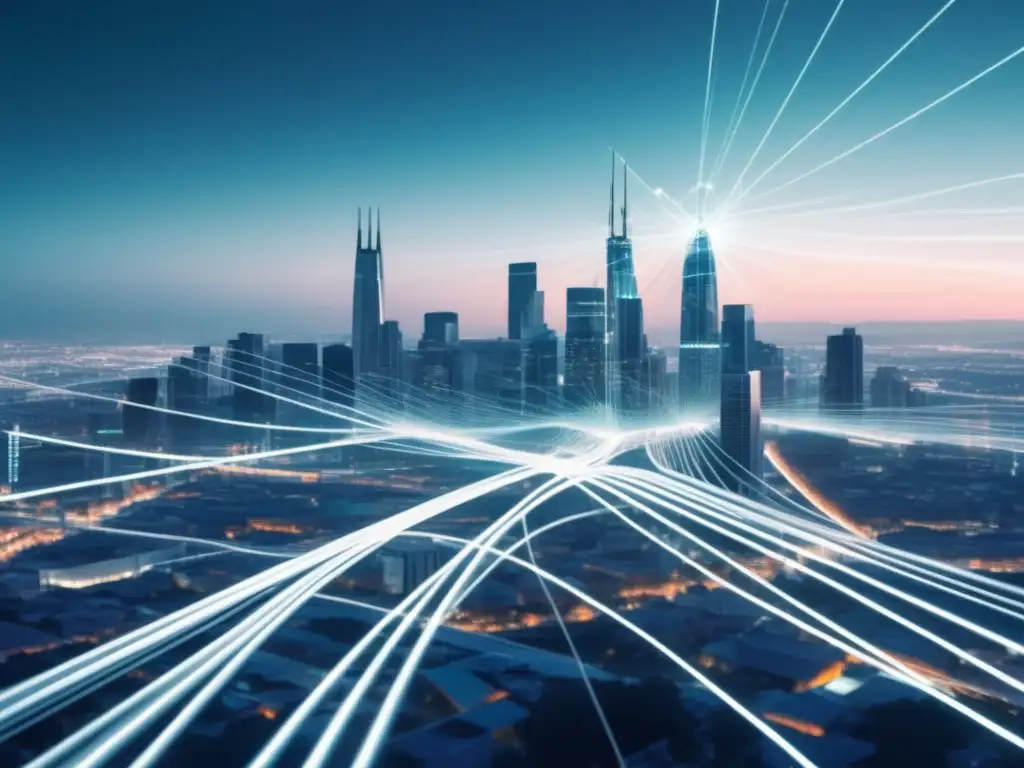 Red de cables de fibra óptica transparentes en una ciudad futurista, simbolizando beneficios de la fibra óptica en la transparencia