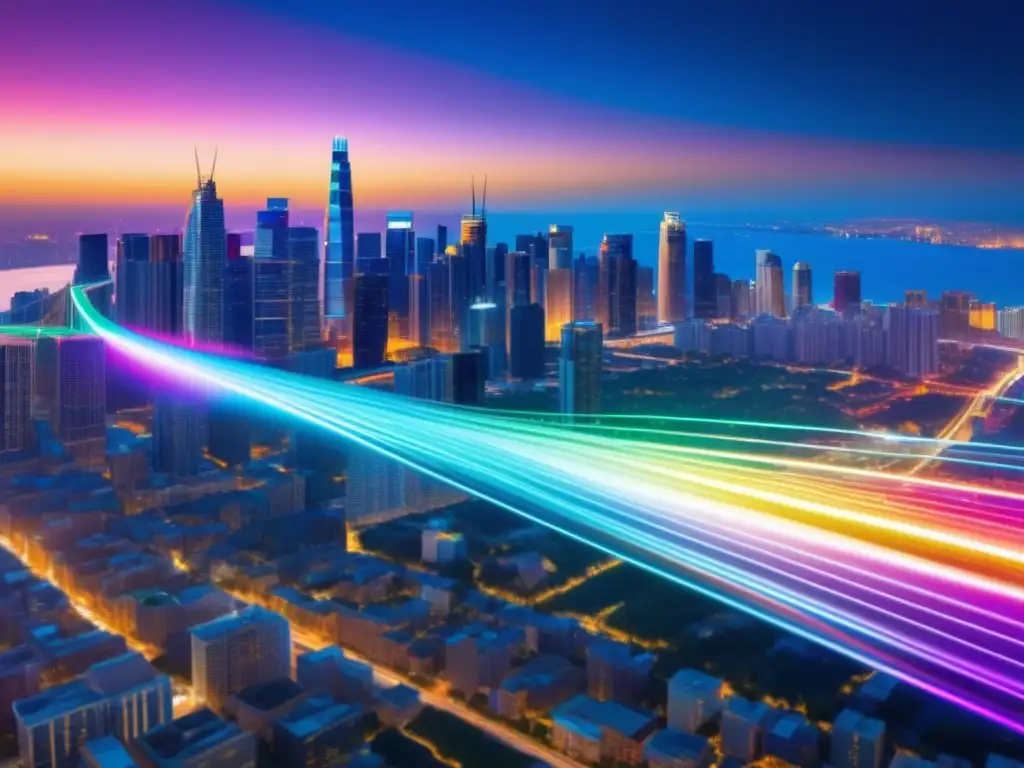 Beneficios de la fibra óptica en la ciudad al anochecer