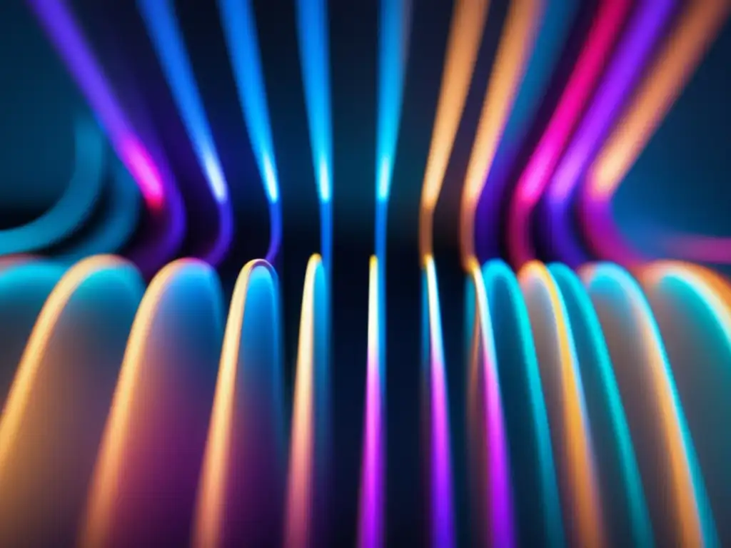 Convergencia de cables ópticos en haz de luz Transformación tecnología fibra óptica: Cables de fibra óptica convergen en un haz de luz vibrante, representando la modernidad y limpieza