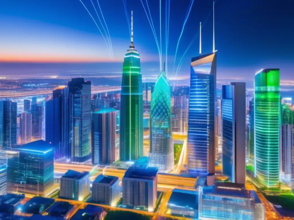 Beneficios de la fibra óptica en la comunicación global: ciudad nocturna con rascacielos iluminados y cables de fibra óptica entrelazados