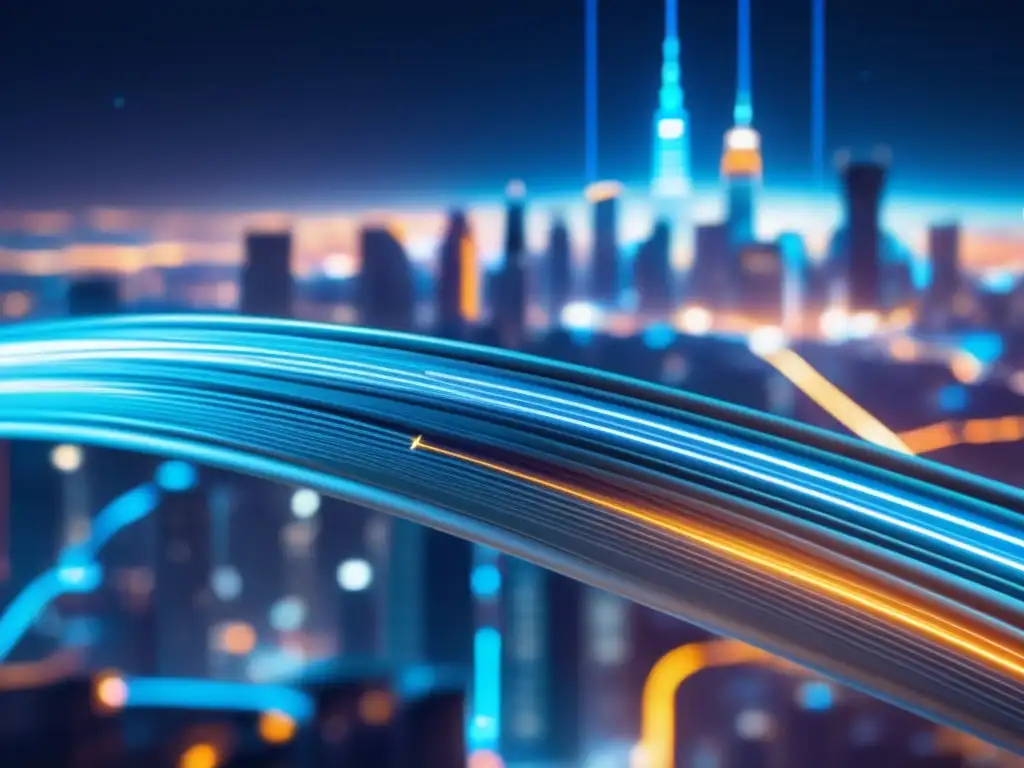 Fibra óptica conectando una ciudad futurista Importancia económica de la fibra óptica en una ciudad futurista iluminada por un cable geométrico de transmisión de datos