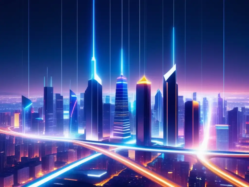 Ciudad futurista iluminada con cables de fibra óptica Importancia de la fibra óptica en la comunicación: Ciudad futurista con arquitectura minimalista y cables de fibra óptica iluminando las calles