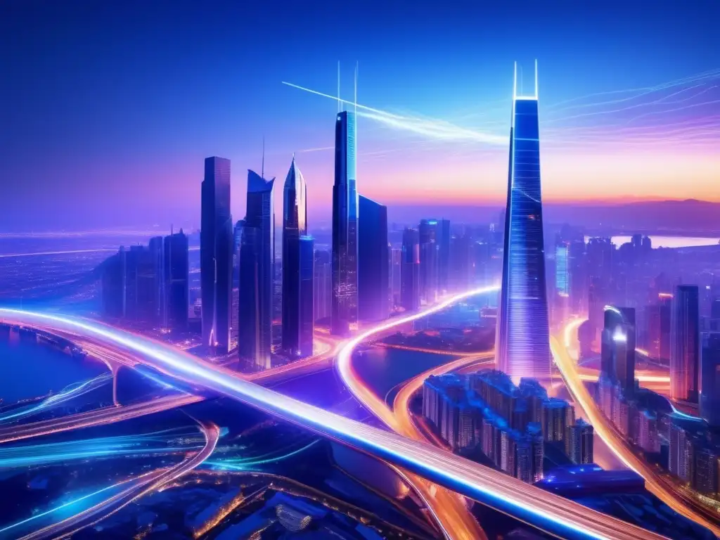 Beneficios de la fibra óptica en la tecnología 5G: una ciudad futurista iluminada, con rascacielos y carreteras destacando su integración tecnológica