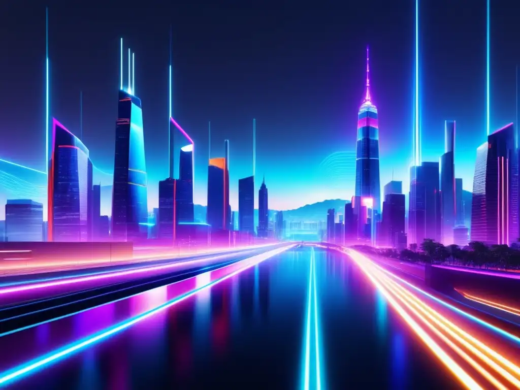 Estrategias de despliegue en fibra óptica en una ciudad futurista con edificios modernos y red de cables iluminados