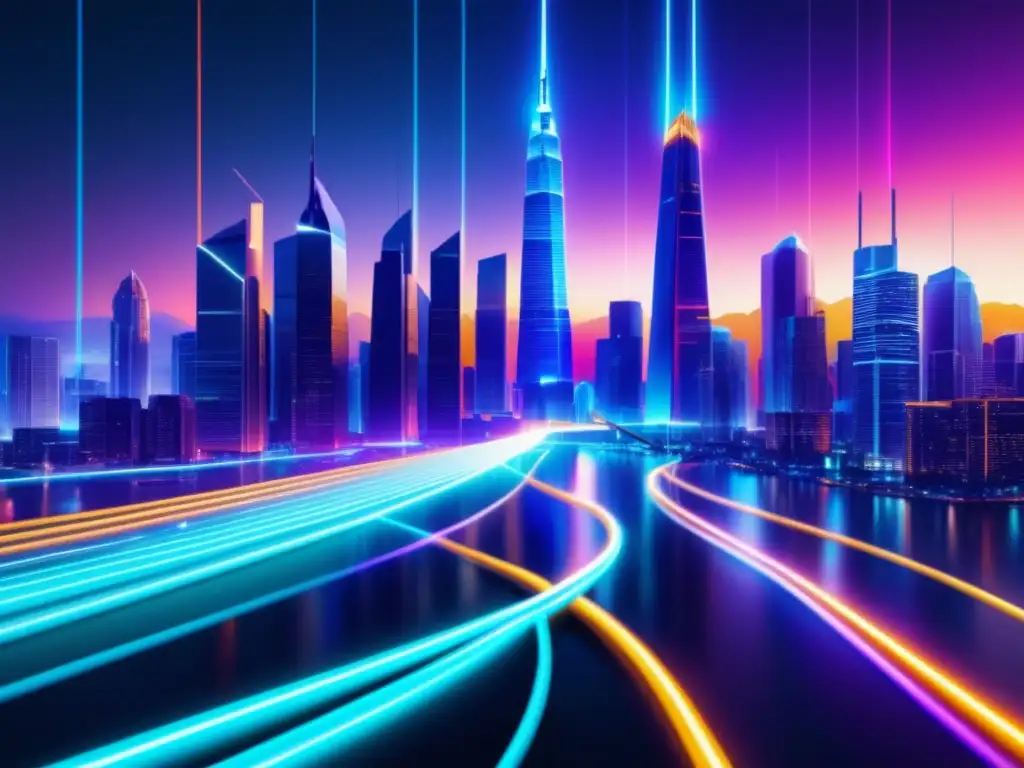 Ventajas de la fibra óptica en contenido multimedia: imagen futurista y minimalista de una ciudad con rascacielos y cables de fibra óptica brillantes