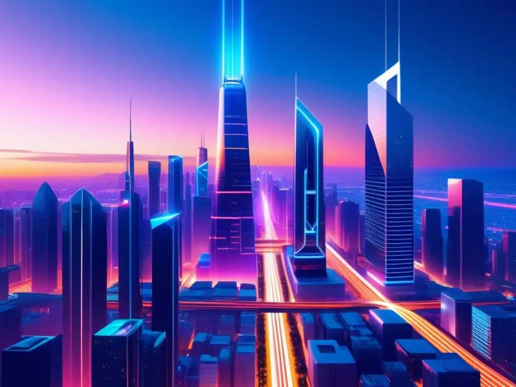 Futurista ciudad con rascacielos de vidrio, cables de fibra óptica y red 5G