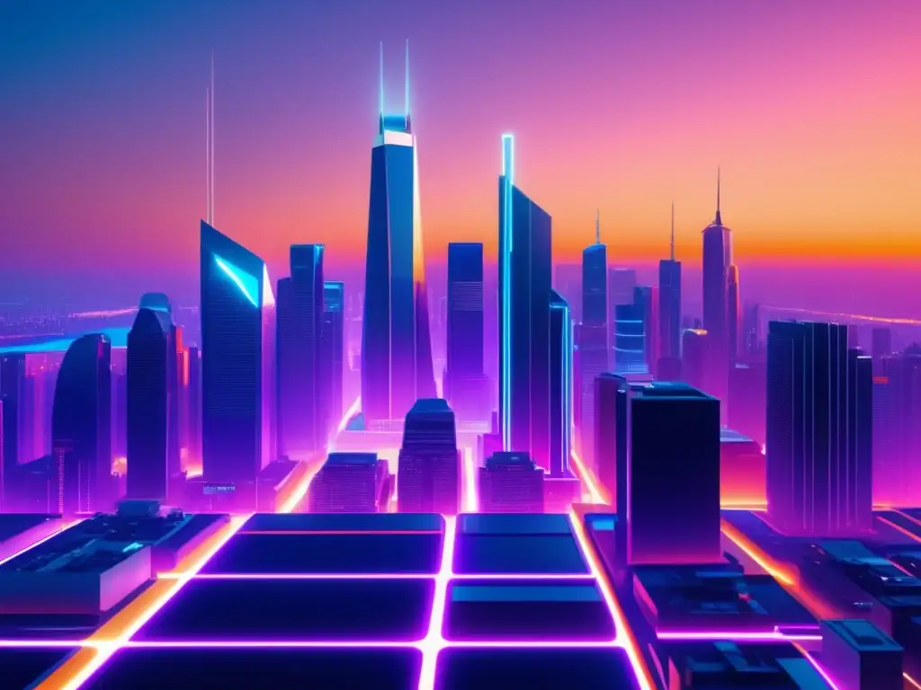 Ilustración moderna de una futurista ciudad con rascacielos, luces de neón y ventajas de la fibra óptica en la urbanización digital