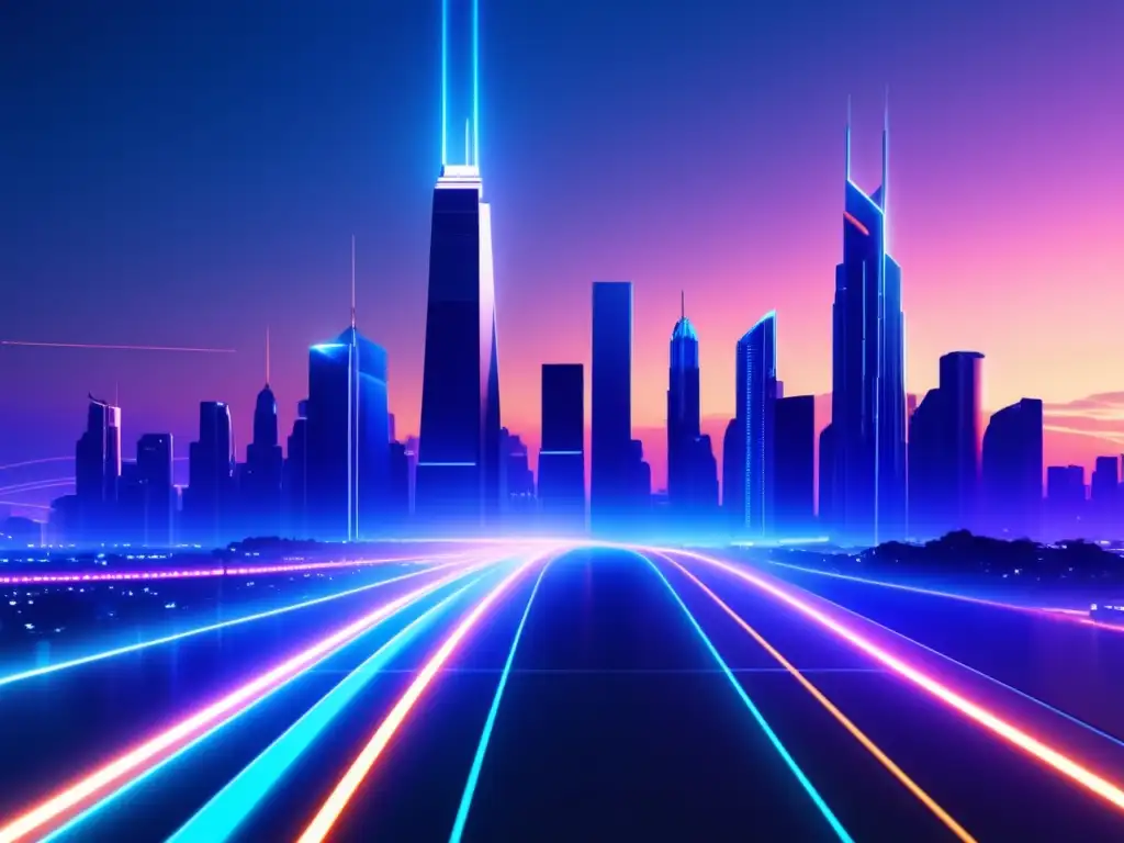 Ciudad futurista con rascacielos iluminados Ilustración futurista: ciudad iluminada, arquitectura moderna, alianzas internacionales investigación fibra óptica
