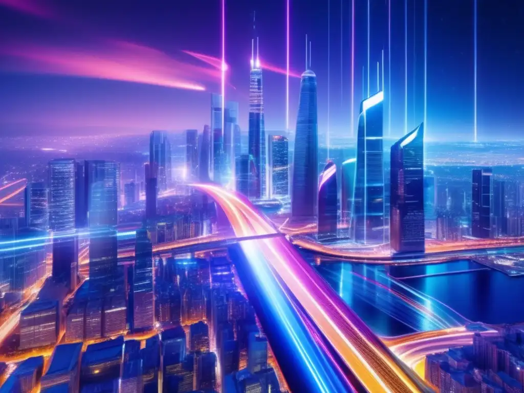 Futurista ciudad nocturna, con impacto de la tecnología de fibra óptica a nivel global