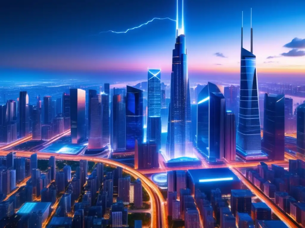 Ventajas de la fibra óptica: Imagen 8k muestra ciudad futurista con rascacielos iluminados y redes de cables azules