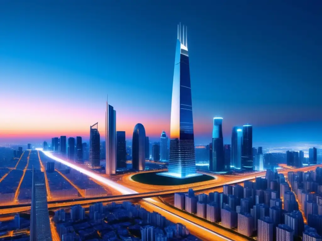 Ciudad futurista con IoT y fibra óptica 'Avances recientes en fibra óptica IoT': Una ciudad futurista con rascacielos iluminados por IoT y tecnología de fibra óptica avanzada