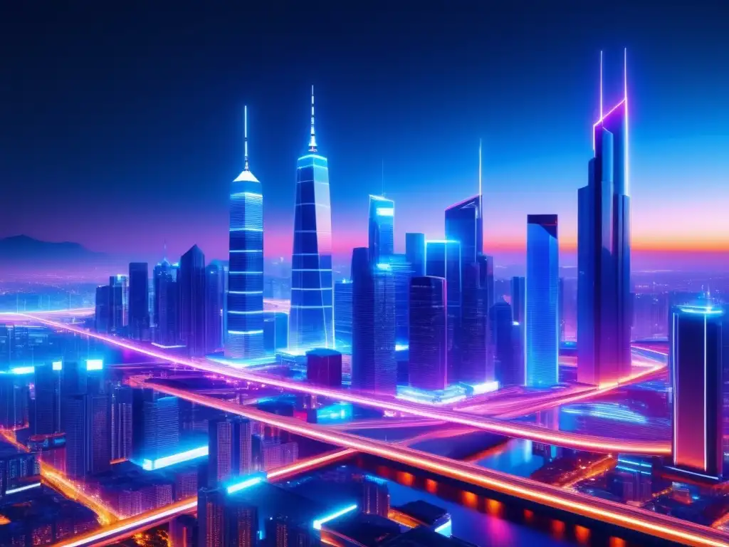 Futurista ciudad nocturna 8k con rascacielos modernos conectados por cables de fibra óptica azul, simbolizando la eficiencia de la red 5G