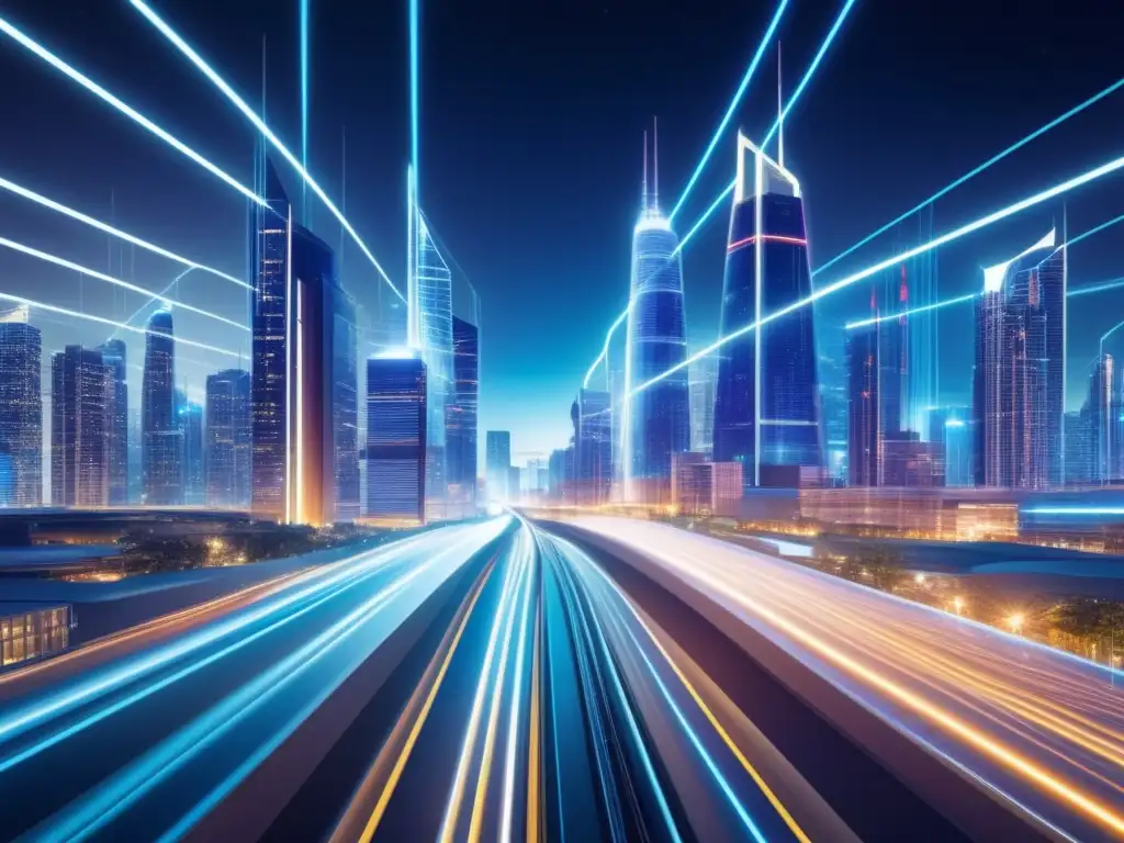 Ciudad futurista iluminada con cables de fibra óptica Ciudad futurista: beneficios de la fibra óptica en la participación ciudadana