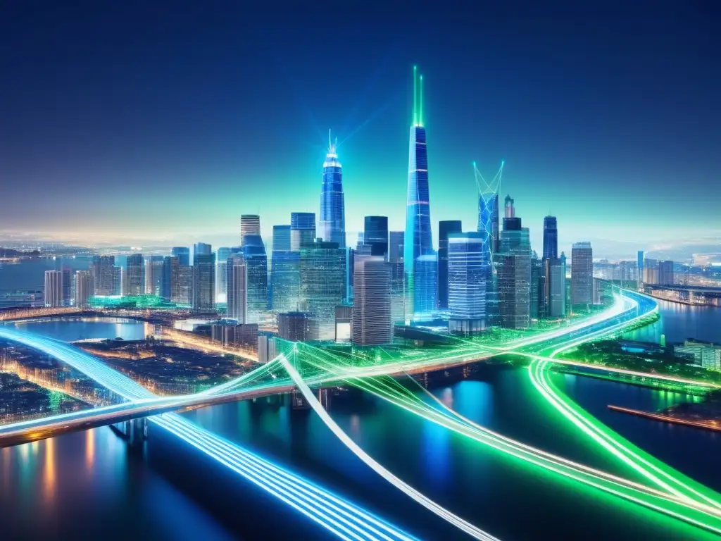 Ventajas de la fibra óptica en moderna ciudad nocturna con red de cables vibrantes