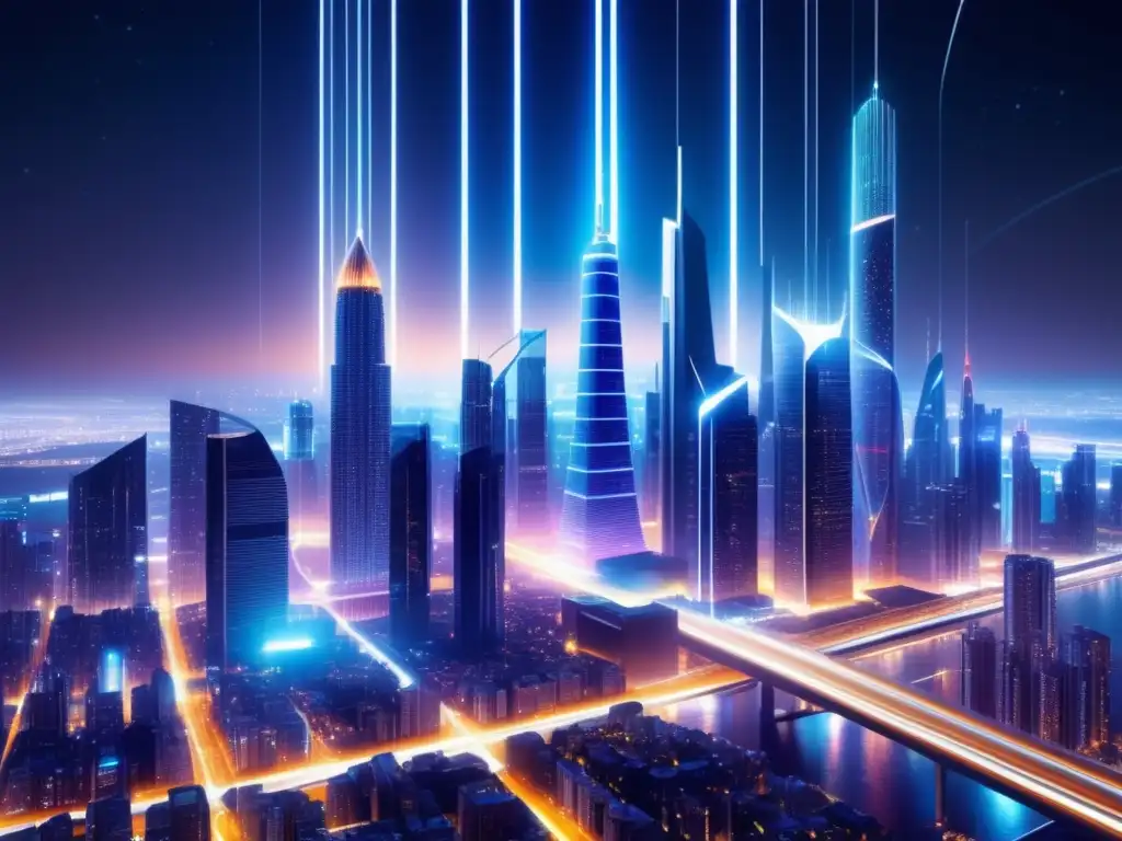 Avances tecnológicos en fibra óptica: ciudad futurista con rascacielos iluminados por cables de fibra óptica