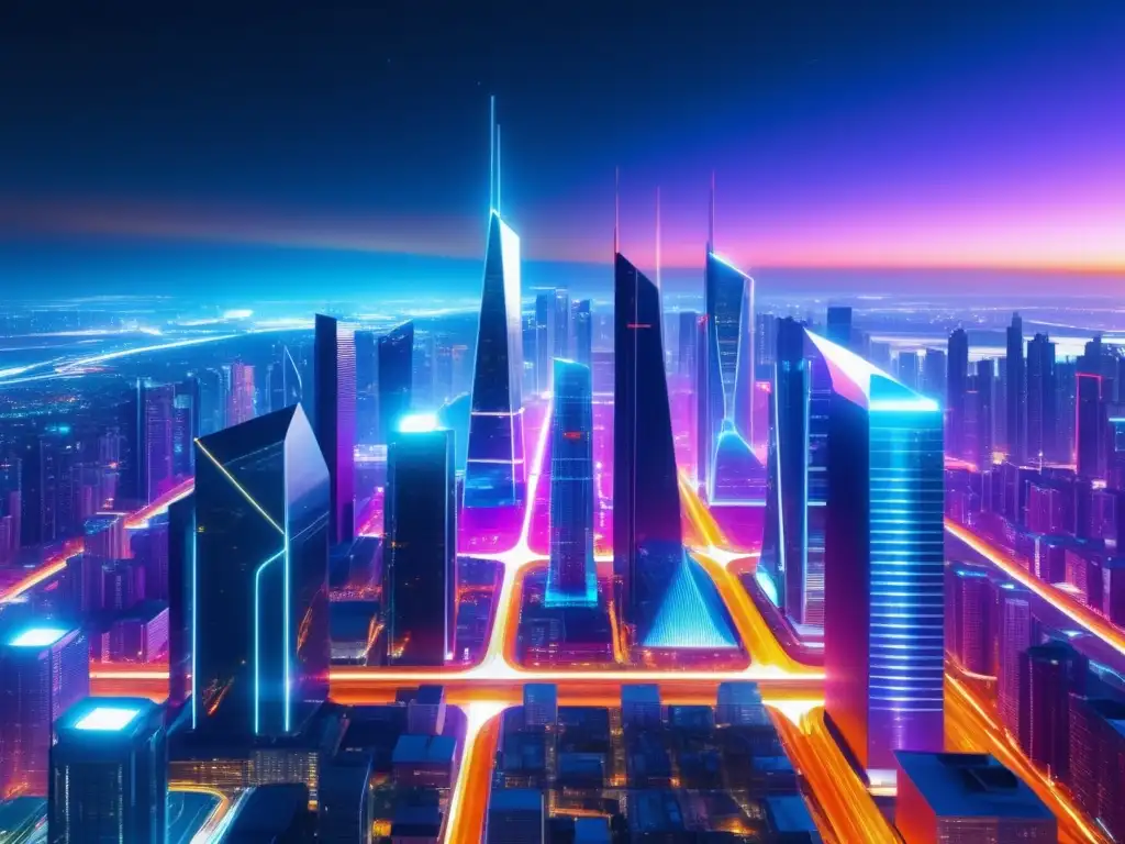 Ciudad futurista nocturna con edificios minimalistas de vidrio y acero, iluminados con colores vibrantes