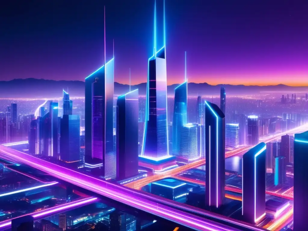 Ciudad futurista nocturna con luces neón, cables de fibra óptica y tecnología de ciberseguridad