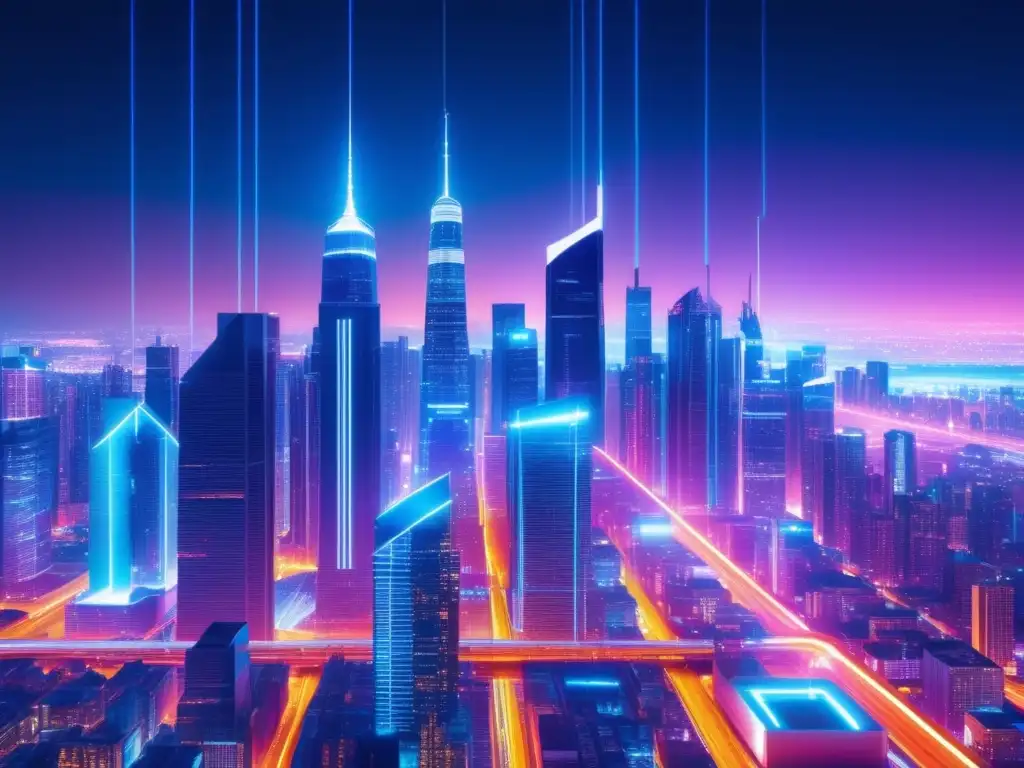 Futurista ciudad nocturna con rascacielos iluminados por luces neón y cableado de fibra óptica