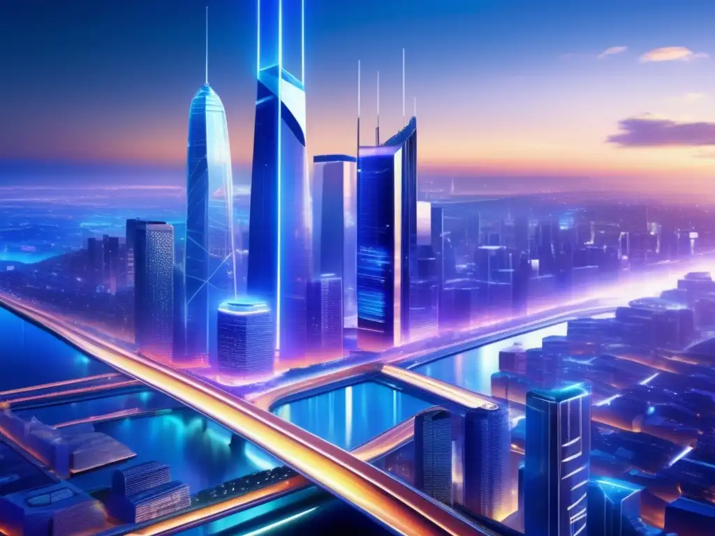 Desafío infraestructuras obsoletas fibra óptica: ciudad futurista con moderna infraestructura y tecnología de fibra óptica