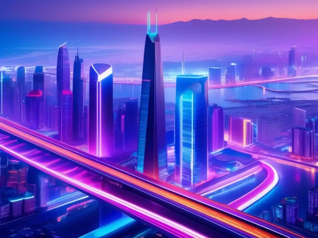 Futuro ciudad nocturna con fibra óptica: velocidad internet y arquitectura moderna