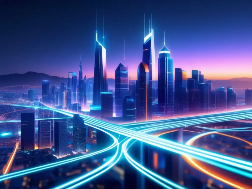 Ciudad futurista iluminada por cables de fibra óptica, representando la importancia de la fibra óptica en la democratización de la información