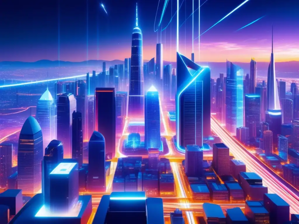 Secretos despliegue fibra óptica exitoso: Futurista ciudad nocturna con edificios vanguardistas, tecnología avanzada y cables de fibra óptica