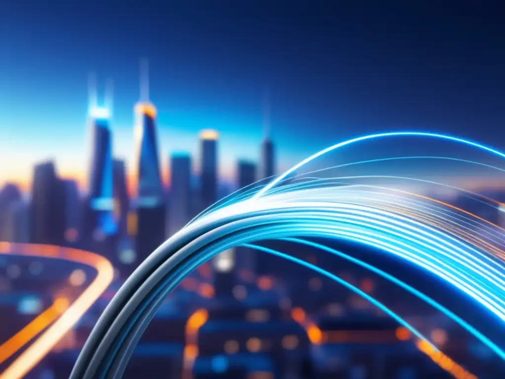 Ventajas de la fibra óptica en una ciudad futurista con cable de fibra óptica azul brillante y arquitectura moderna