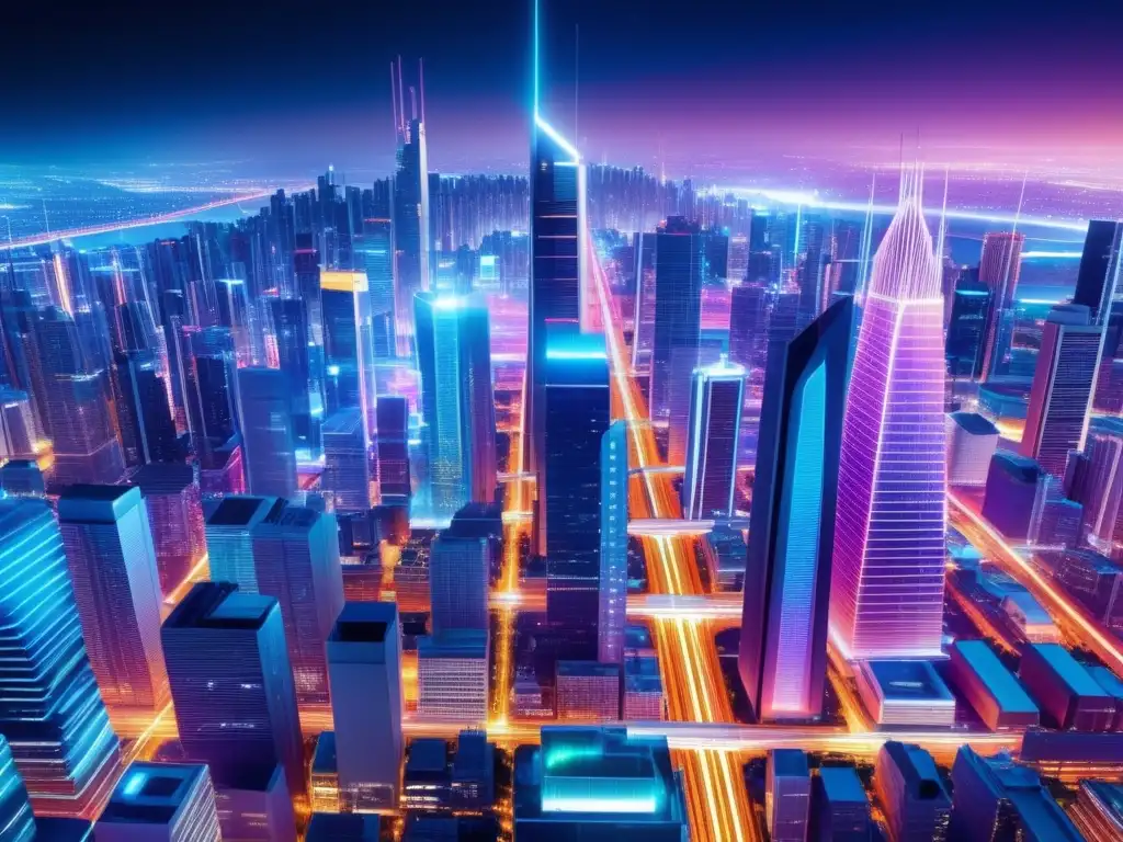 Ciudad futurista con cables de fibra óptica Impacto de la fibra óptica en la comunicación global: ciudad futurista de noche, cables y arquitectura moderna