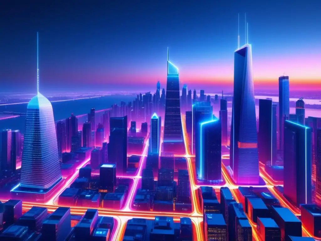 Futurista ciudad con rascacielos iluminados por luces neón, conectados por red de fibra óptica