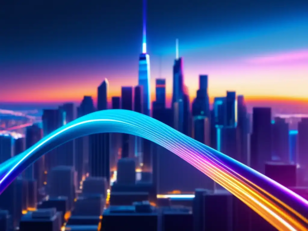 Cable de fibra óptica en ciudad futurista Ventajas de la fibra óptica en una imagen 8K de una ciudad futurista con un cable de fibra óptica brillante y colorido
