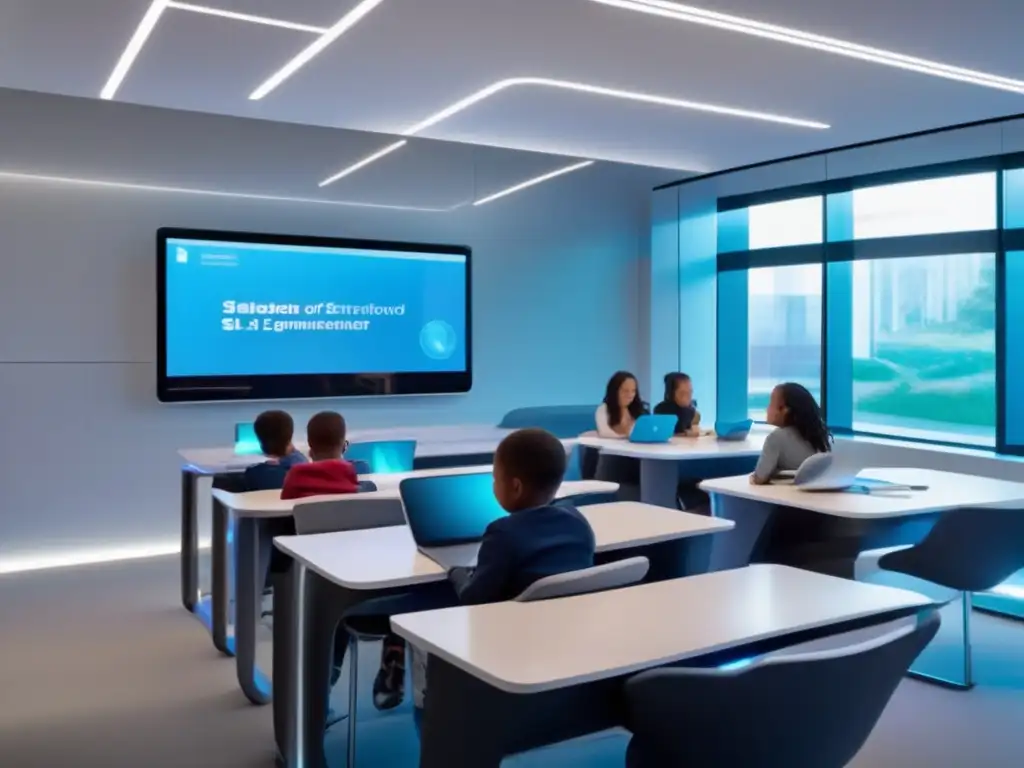 Futuro salón de clases con diseño minimalista, lleno de luz natural, pizarrón blanco y tecnología educativa