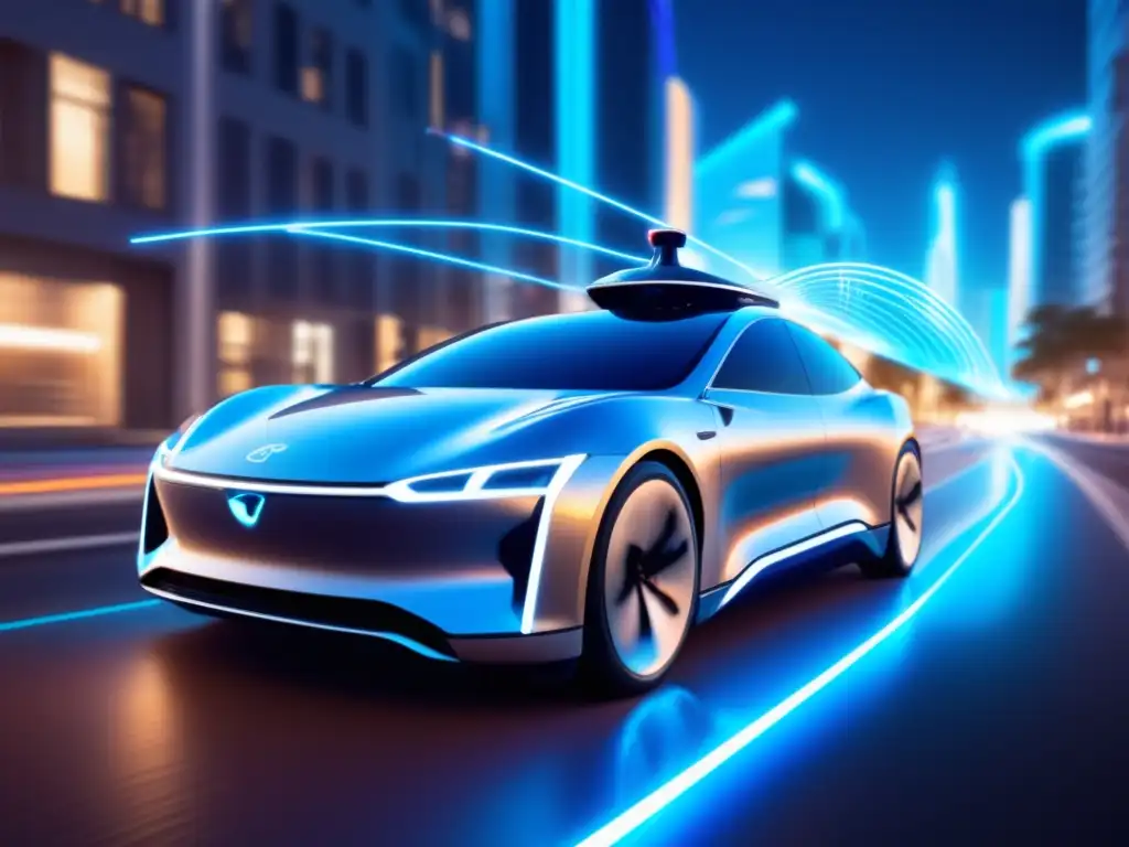 Beneficios de fibra óptica en vehículos autónomos: Futurista coche autónomo con datos de alta velocidad fluyendo por cables de fibra óptica iluminados en azul