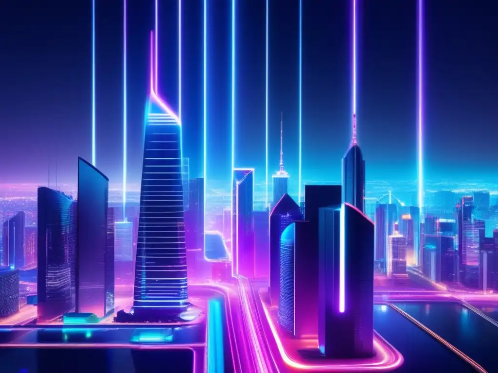 Ventajas de la fibra óptica en 5G: Ciudad futurista con luces de neón, innovación y progreso