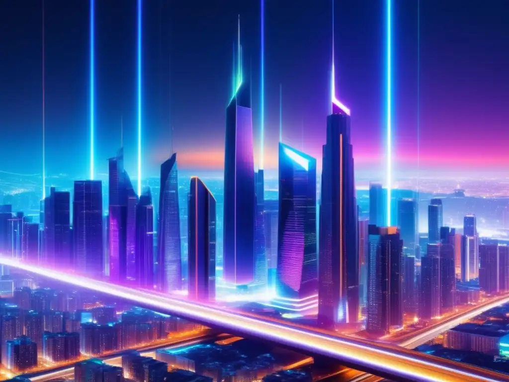 Futurista ciudad nocturna con edificios modernos y fibra óptica, resaltando beneficios de la fibra óptica global