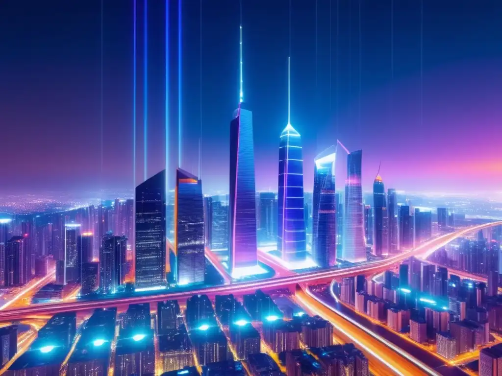 Tecnología de fibra óptica: ciudad futurista con rascacielos iluminados y cables luminosos que simbolizan la conexión de alta velocidad